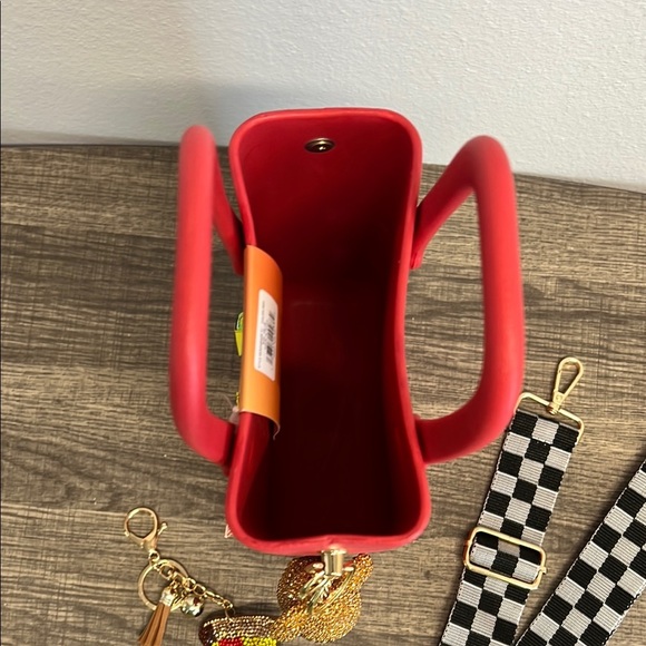 Red Mini Charm Tote with Checkered Crossbody Strap - Picture 11 of 14